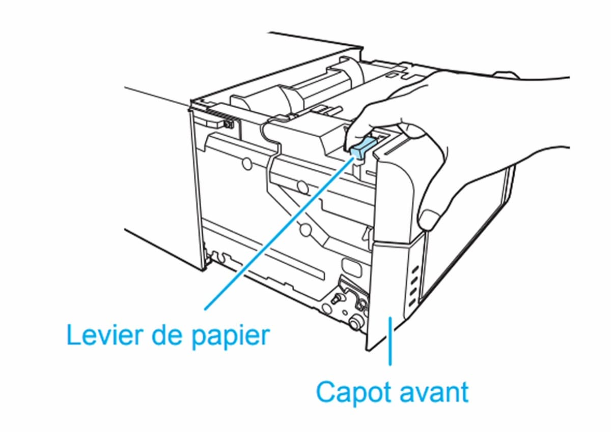 Soulevez le levier de papier et levez le capot.